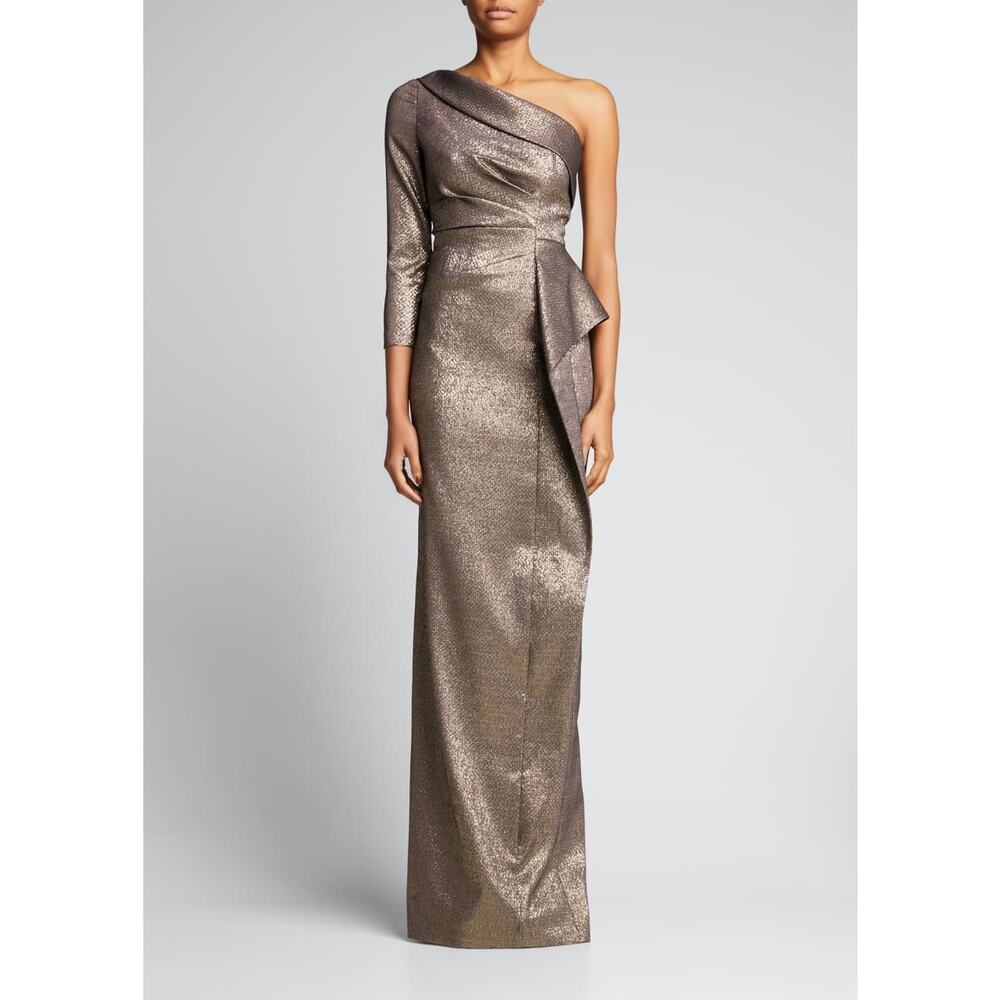 Rickie Freeman Teri Jon Bronze One Shoulder Jacquard Peplum Formal Gown 16